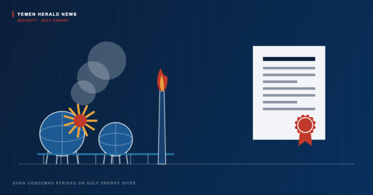 Editorial illustration of spherical gas storage tanks and a flare stack struck by an explosion, beside an official statement bearing a wax seal