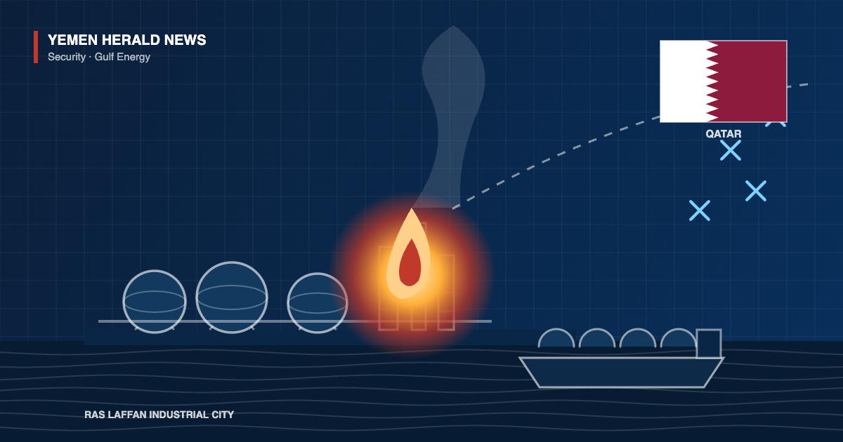 Editorial illustration: a fire burning at an LNG plant with spherical storage tanks and a gas carrier at the quay, beside the flag of Qatar, with four intercepted missile tracks marked overhead
