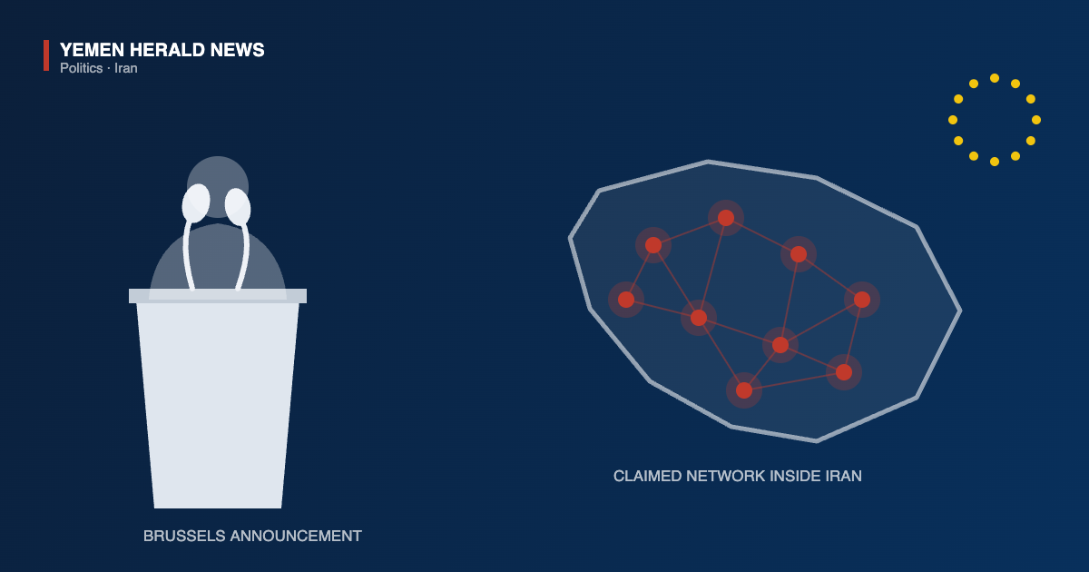 Illustration of a speaker at a lectern with microphones beside a schematic country outline containing a network of linked red dots labelled as a claimed network inside Iran, with a circle of European Union stars