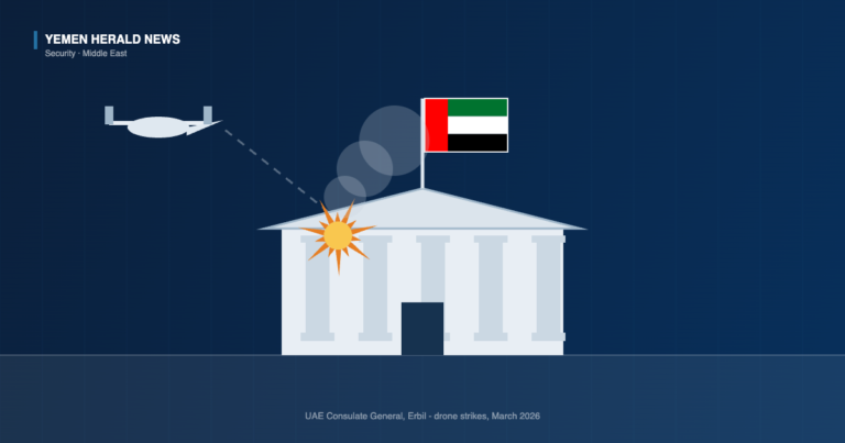 Illustration of a consulate building flying the UAE flag with a drone silhouette and impact burst above it