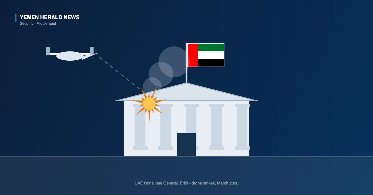 Illustration of a consulate building flying the UAE flag with a drone silhouette and impact burst above it