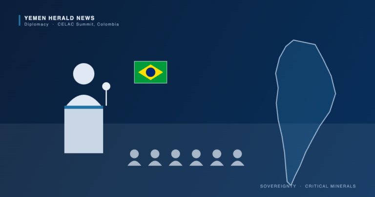 Illustration of a speaker at a podium beside the Brazilian flag, with delegates seated and an outline of South America, representing Lula’s address to the CELAC summit in Colombia