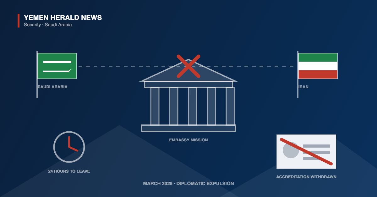 Editorial illustration: the Saudi and Iranian flags linked by a dashed line broken by a red cross above an embassy building, with a clock marking 24 hours and a struck-through accreditation card