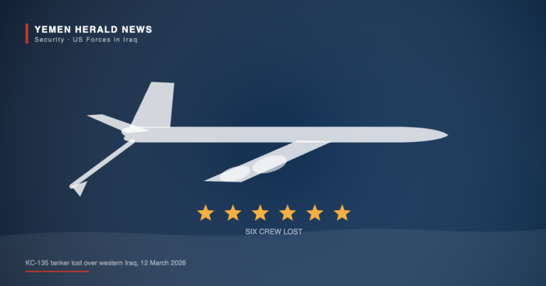 Illustration of a KC-135 aerial refuelling aircraft in silhouette with its boom extended above a desert horizon, with six commemorative stars below