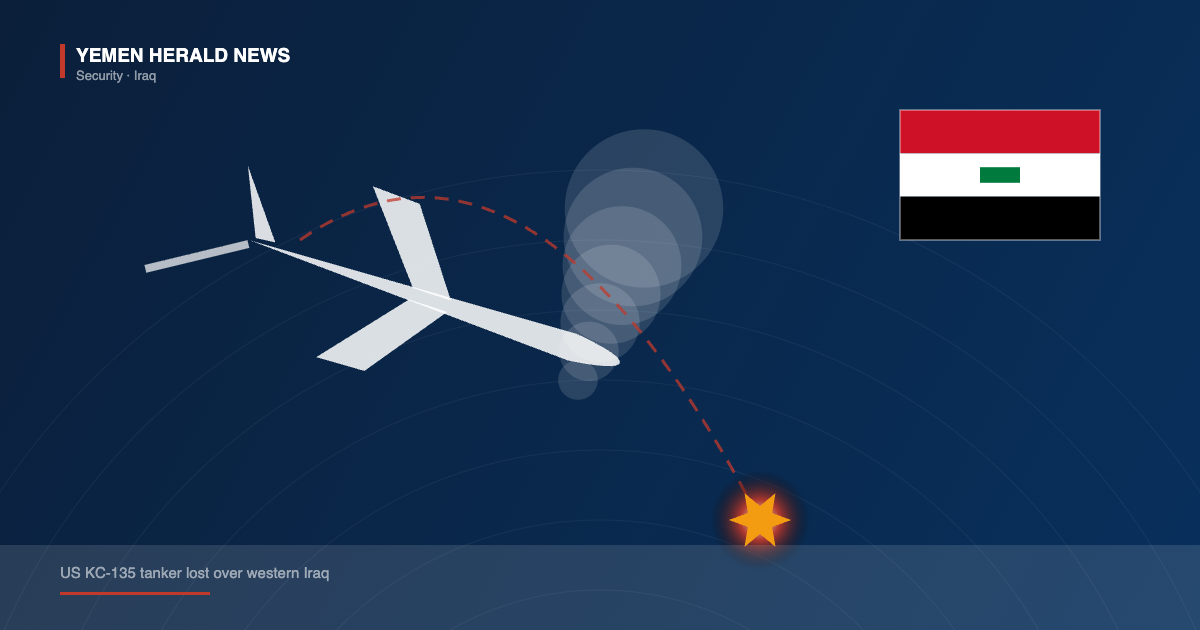 Editorial illustration of a military refuelling aircraft with its boom extended descending over a desert with smoke, beside the flag of Iraq