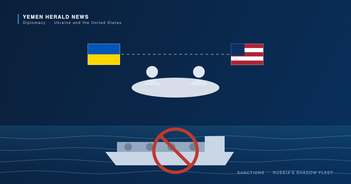Illustration of Ukrainian and United States flags linked above a meeting table, with an oil tanker on water crossed out by a red prohibition sign representing sanctions on Russia’s shadow fleet