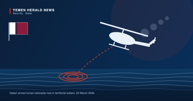 Illustration of a military helicopter descending toward the sea with a smoke trail, a dashed descent path and impact rings on the water, beside the flag of Qatar