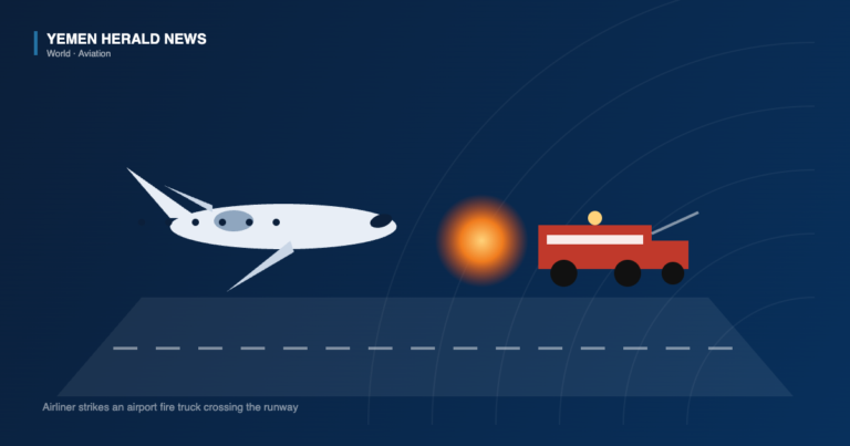 Editorial illustration of a regional airliner colliding with an airport fire truck on a runway