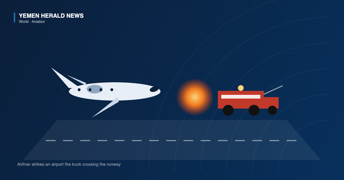 Editorial illustration of a regional airliner colliding with an airport fire truck on a runway