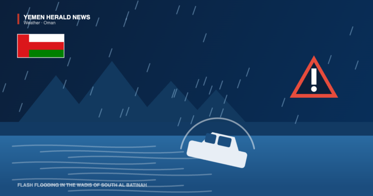 Editorial illustration: rain falling over the Hajar mountains in Oman with a wadi in full flood, a car half-submerged and being carried by the current, and a hazard warning triangle beside the Omani flag