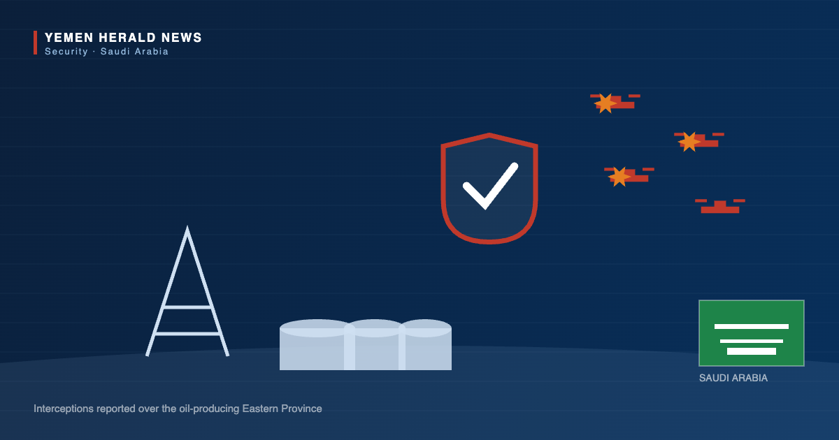 Illustration of an oil derrick and storage tanks in a desert with drones intercepted overhead, a defensive shield and the flag of Saudi Arabia