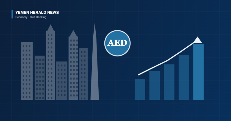 Illustration of a Gulf city skyline beside a rising bar chart and an AED currency medallion, representing growth in UAE banking assets