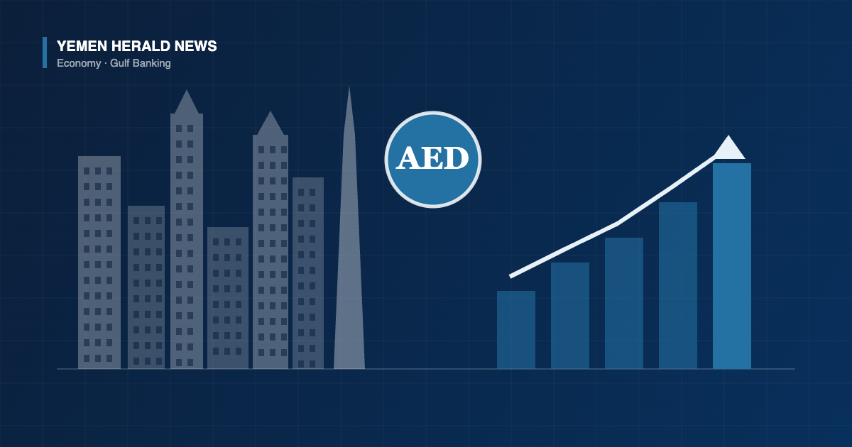 Illustration of a Gulf city skyline beside a rising bar chart and an AED currency medallion, representing growth in UAE banking assets