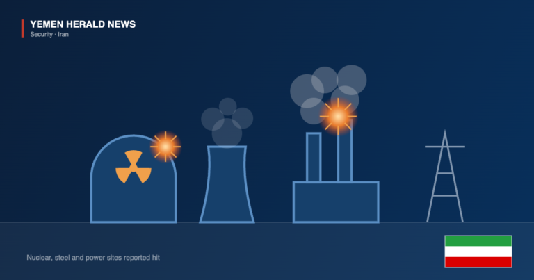 Editorial illustration of a nuclear containment dome with a radiation symbol, a cooling tower, a steel plant with smoke plumes and a power pylon, with impact bursts and the Iranian flag