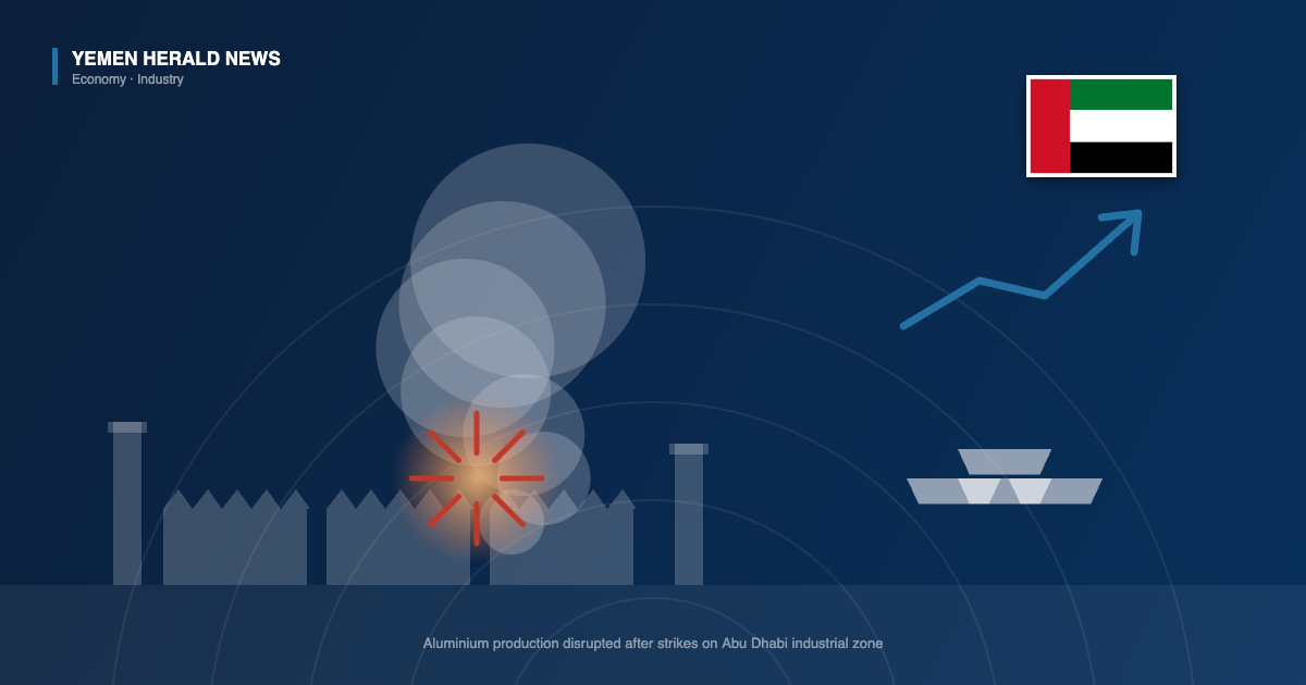 Illustration of a damaged aluminium smelter with a smoke plume, stacked metal ingots and a rising price line, with the flag of the United Arab Emirates.