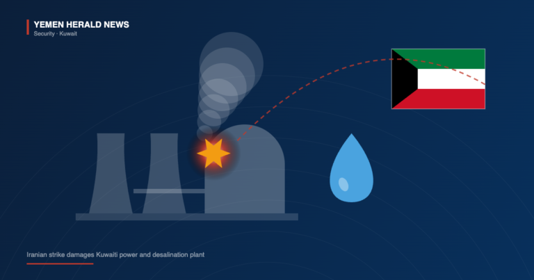 Editorial illustration of a power and desalination plant with cooling towers, a water droplet, an impact burst and the flag of Kuwait