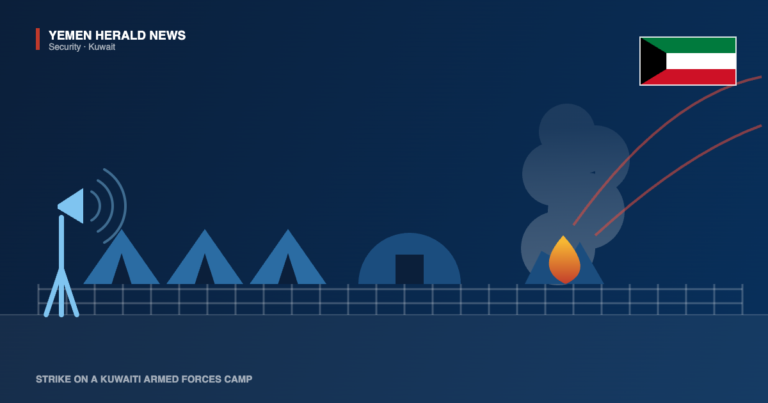 Editorial illustration: a fenced military camp of ridge tents and a hangar with an alert siren tower, one structure burning beneath a smoke plume as two missile tracks come in, beside the Kuwaiti flag