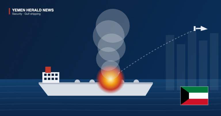 Illustration of a laden oil tanker at anchor with a fire amidships, a smoke plume and a drone approaching, beside the flag of Kuwait