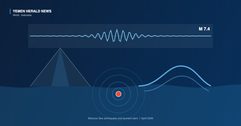 Illustration of a seismograph trace marked M 7.4 above a volcanic island, an epicentre marker in the sea and a tsunami wave crest