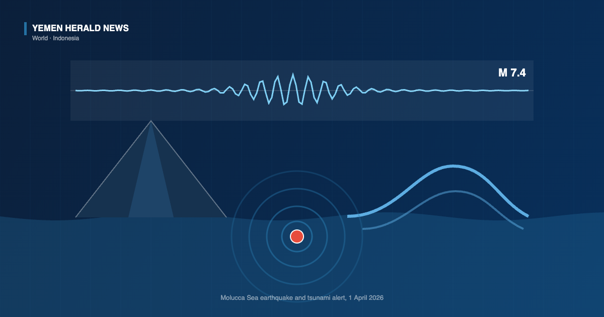 Illustration of a seismograph trace marked M 7.4 above a volcanic island, an epicentre marker in the sea and a tsunami wave crest