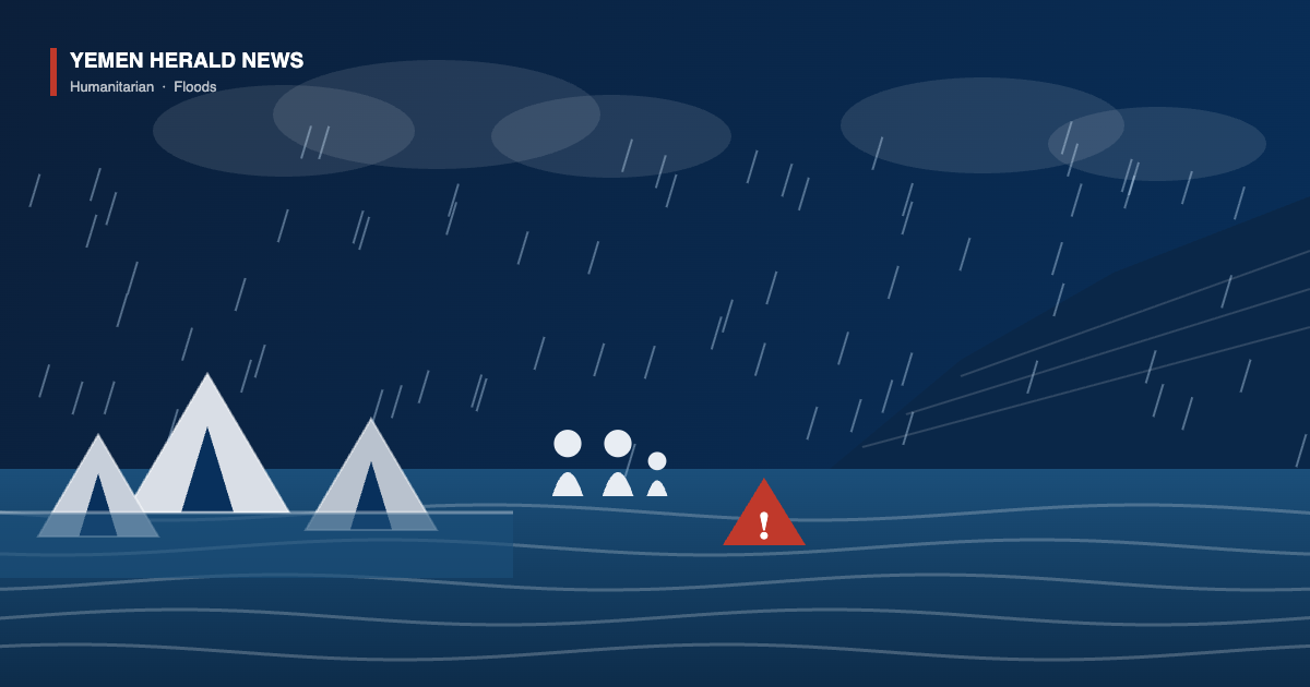 Illustration of flooded tent shelters, a displaced family and a hazard warning marker under heavy rain in Yemen