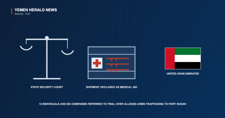Editorial illustration showing scales of justice, a shipping crate marked with a red medical cross concealing rifle silhouettes, and the flag of the United Arab Emirates