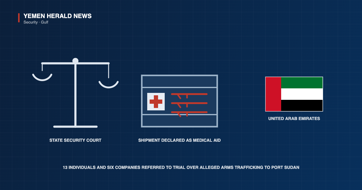Editorial illustration showing scales of justice, a shipping crate marked with a red medical cross concealing rifle silhouettes, and the flag of the United Arab Emirates