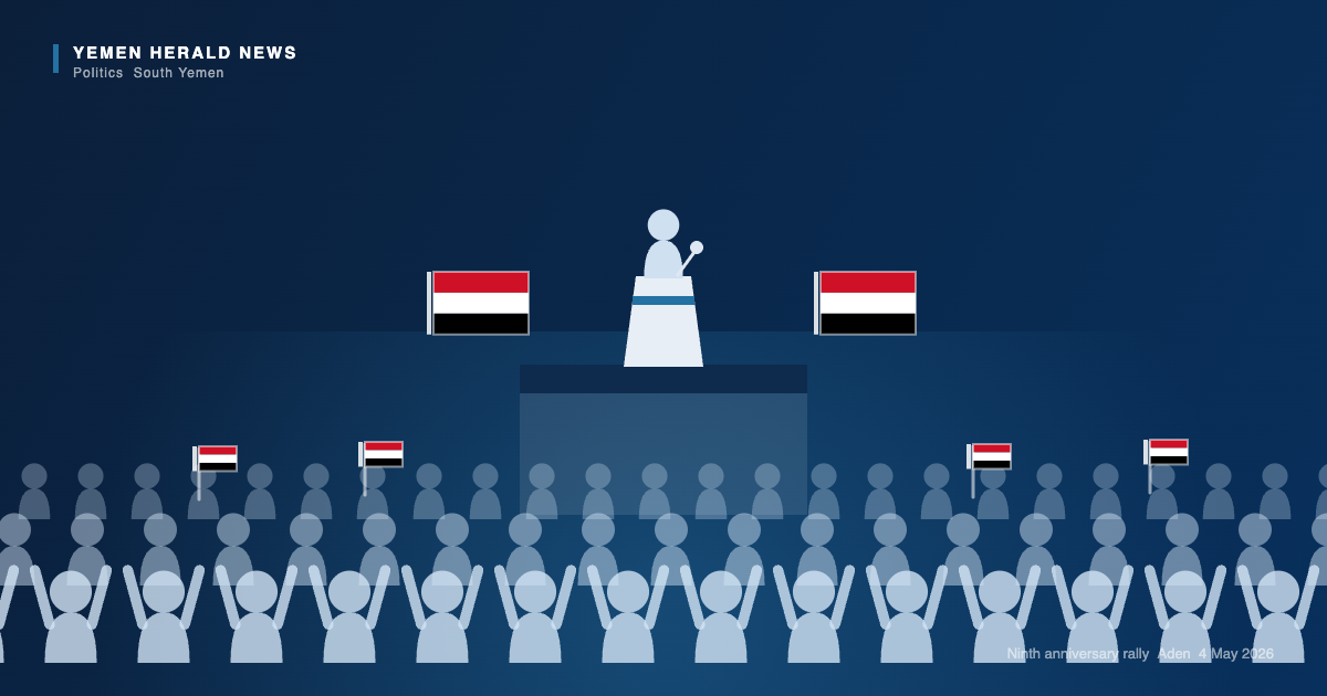 Illustration of a mass rally in Aden with a speaker at a podium, Yemeni flags and a crowd with raised arms, marking the ninth anniversary of the Aden Declaration