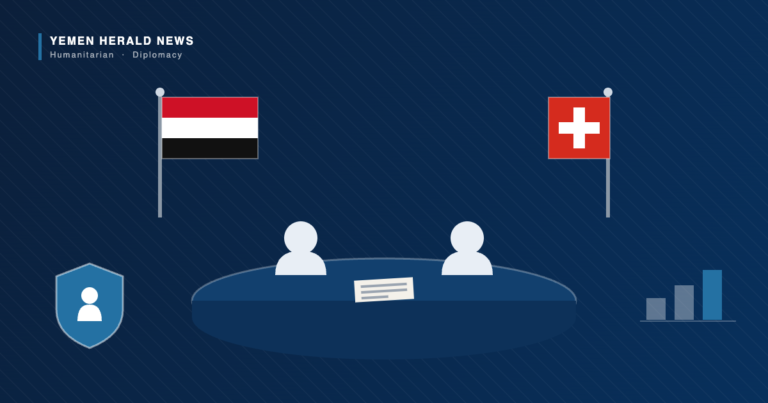 Illustration of the Yemeni and Swiss flags flanking a meeting table with two seated figures and a document, alongside a child-protection shield and funding bars