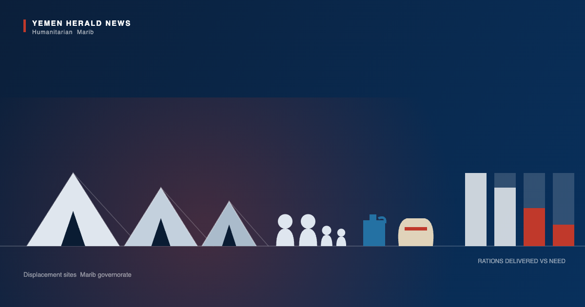 Illustration of displacement tents, a family group, a water jerrycan and a food ration sack beside a bar chart showing rations delivered against need in Marib governorate
