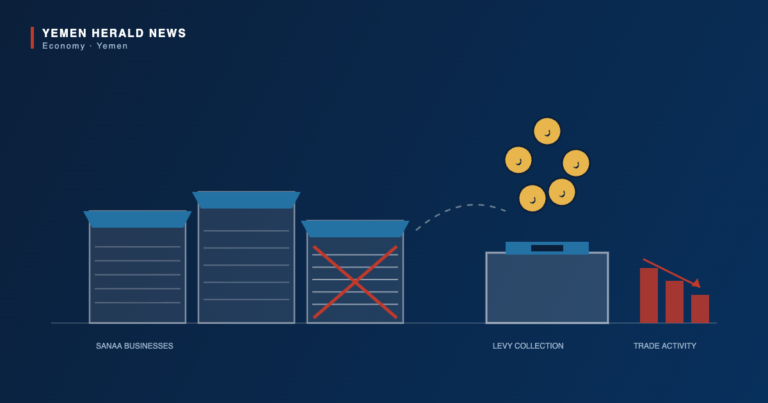Illustration of Sanaa shopfronts with coins flowing into a collection box and declining trade activity bars