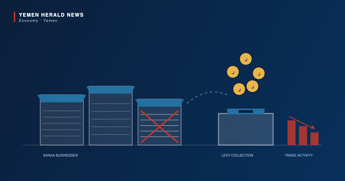 Illustration of Sanaa shopfronts with coins flowing into a collection box and declining trade activity bars