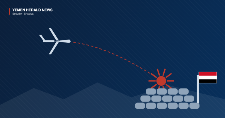 Editorial illustration: a fixed-wing drone follows a dashed flight path toward an impact burst above a sandbagged frontline outpost flying the Yemeni flag, set against a mountain ridge
