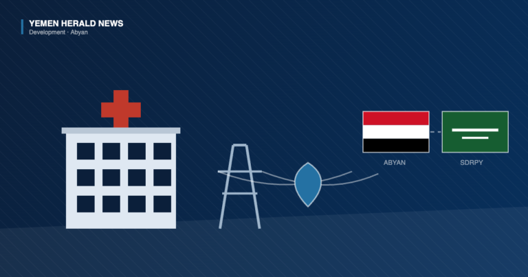 Editorial illustration: a hospital building with a red cross, an electricity pylon and a water drop beside the Yemeni and Saudi flags, representing Saudi-funded reconstruction projects in Abyan