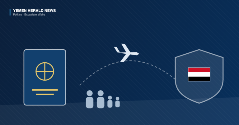 Editorial illustration: a passport booklet, an aircraft on a dashed flight path and a family group of silhouettes beside a protective shield bearing the Yemeni flag