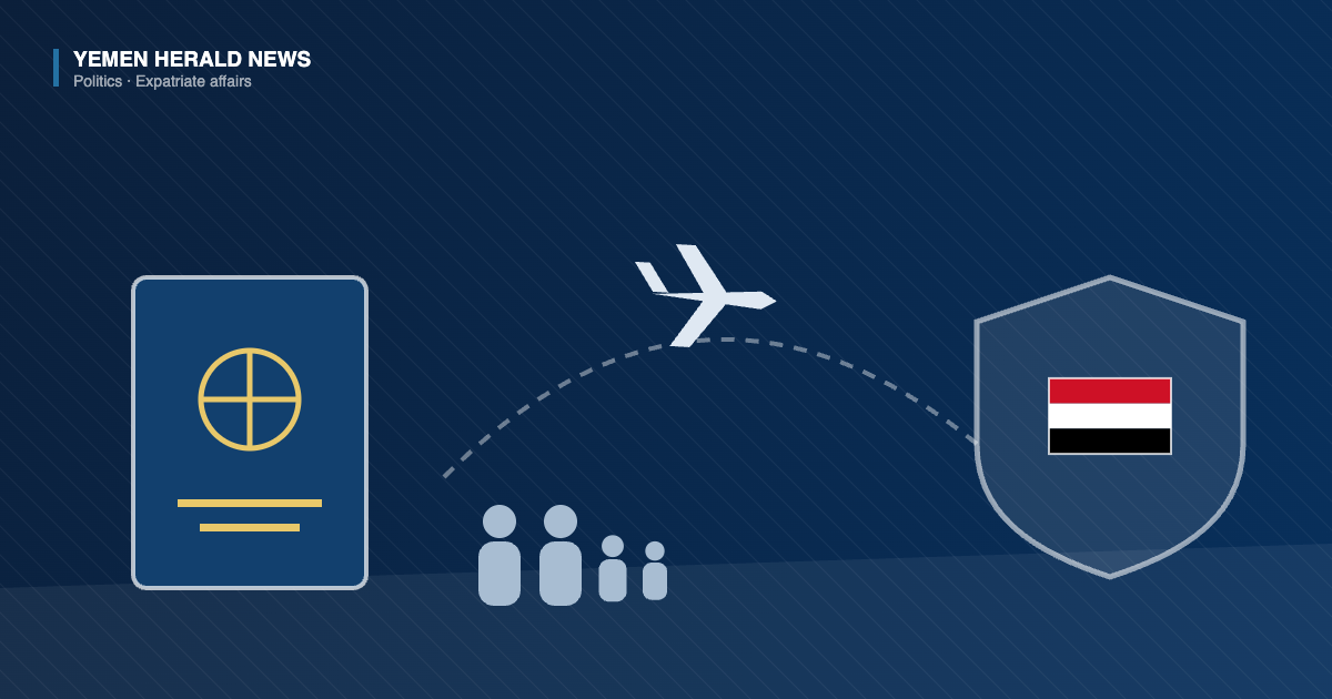 Editorial illustration: a passport booklet, an aircraft on a dashed flight path and a family group of silhouettes beside a protective shield bearing the Yemeni flag