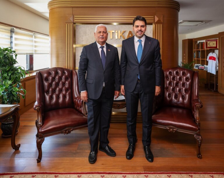 Yemen's ambassador to Turkey, Mohammed Tareiq, stands with a Turkish official during talks in Ankara on preparations for the Yemeni-Turkish forum