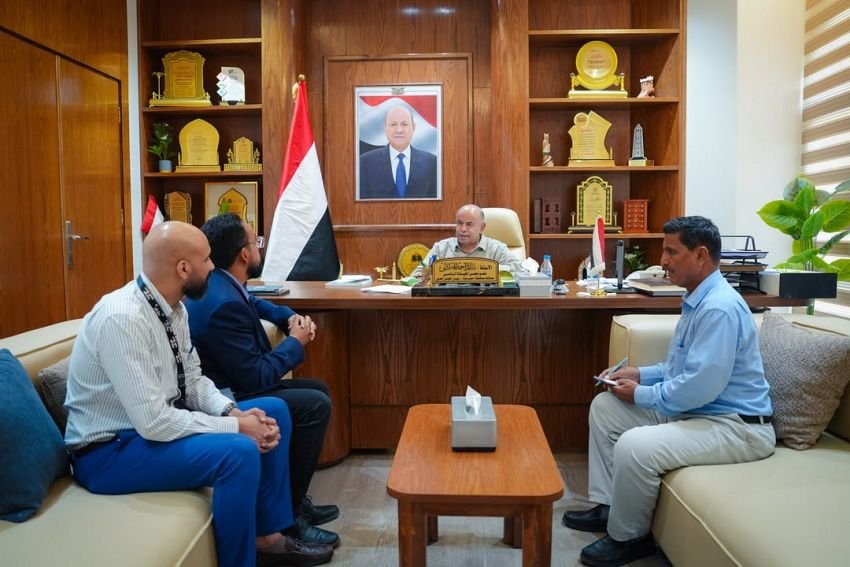 Hadramout governor and Presidential Leadership Council member Salem al-Khanbashi meets Action for Humanity representatives at his office in Mukalla