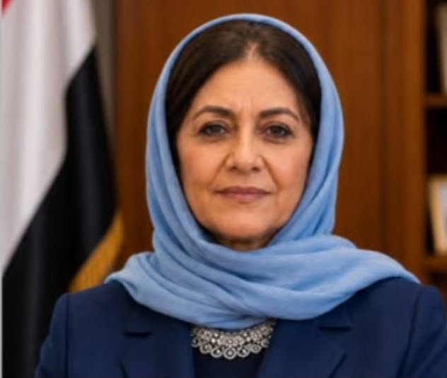 Jamila Ali Raja, Yemen’s ambassador to the United States, in a formal portrait beside a Yemeni flag