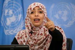 Yemeni Nobel peace laureate Tawakkol Karman speaking at a United Nations podium