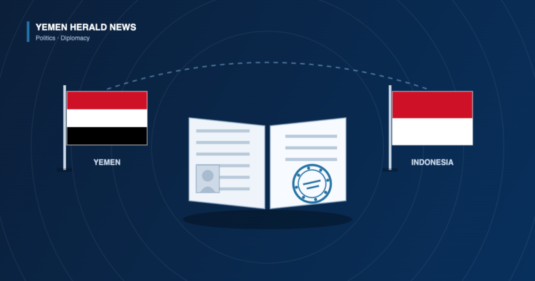 Illustration of the Yemeni and Indonesian flags linked by a dotted arc above an open travel document bearing a consular stamp, representing consular talks between Yemen’s embassy and Indonesia’s foreign ministry in Jakarta.