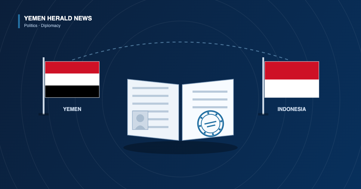 Illustration of the Yemeni and Indonesian flags linked by a dotted arc above an open travel document bearing a consular stamp, representing consular talks between Yemen’s embassy and Indonesia’s foreign ministry in Jakarta.