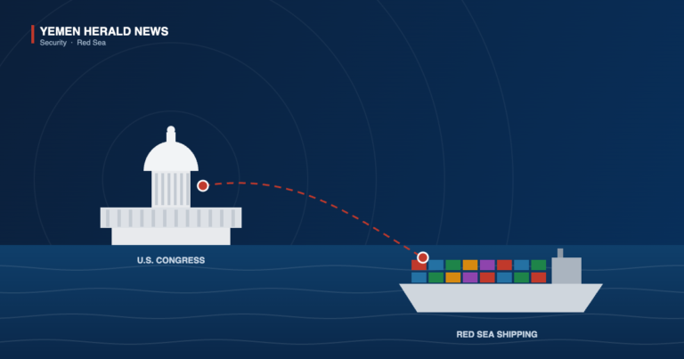 Illustration linking the dome of the United States Capitol to a container ship on the Red Sea with a dashed line, representing a congressional hearing on Houthi attacks on shipping