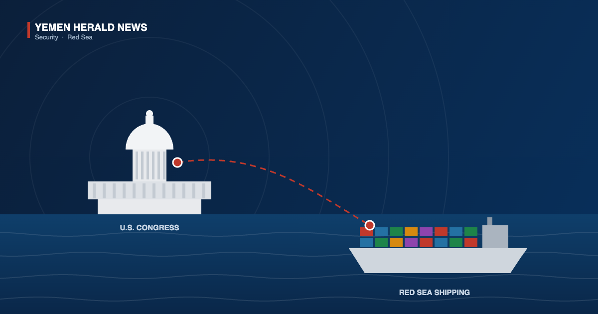 Illustration linking the dome of the United States Capitol to a container ship on the Red Sea with a dashed line, representing a congressional hearing on Houthi attacks on shipping