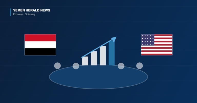 Yemeni and United States flags beside a meeting table and a rising bar chart, illustrating talks on American investment in Yemen