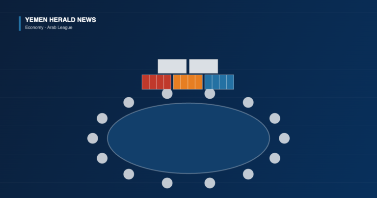 Illustration of a round conference table ringed with delegate seats beneath stacked shipping containers, representing Arab economic council trade talks