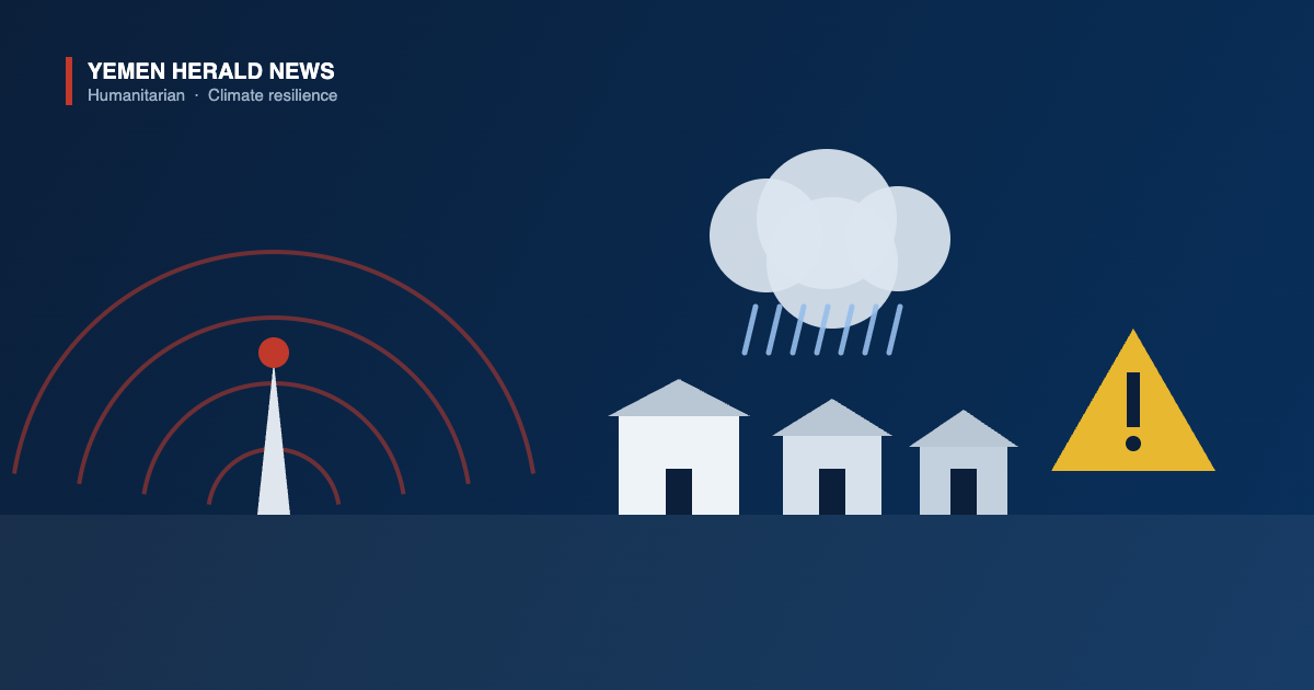 Illustration of an early warning radar mast, a rain cloud over houses and a hazard warning triangle, representing disaster risk forecasting in Yemen