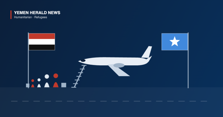Illustration of an airliner with boarding stairs at Aden, a family group walking toward it with luggage, the Yemeni flag at left and the Somali flag at right