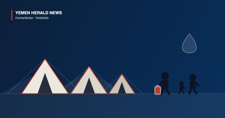 Illustration of three shelter tents beside a family of three walking away carrying a water container, on a dark blue background