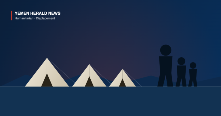 Illustration of three displacement shelter tents and a family of three walking across open ground at dusk